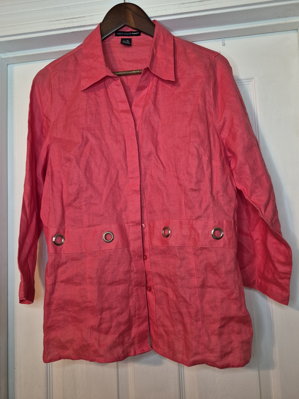 Saint Tropez West Coral-Pink Linen Button Front Top XL